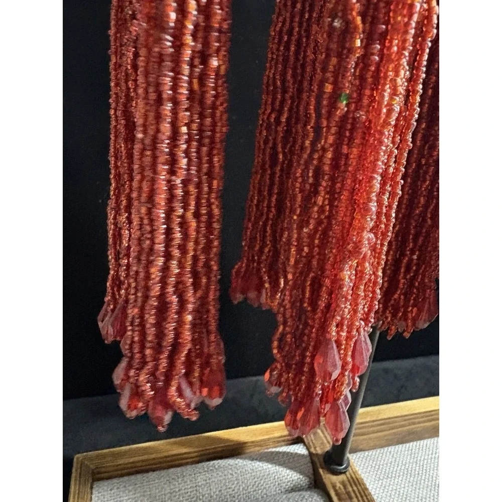 Lot Of 12 Red Glass‎ Bead Tassel Ornaments Vintage Christmas Gold String